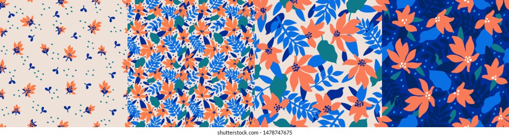 Set trendy seamless patterns with hand drawn decorative flowers in blue and coral shades. Floral vector patterns for textile, print, gift wrap, manufacturing
