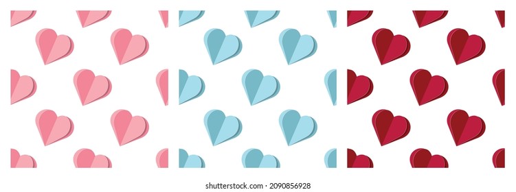 Set of trendy seamless patterns with  hearts isolated on white background . Origami style. Creative Valentine's Day confetti background. Ideal for wrapping paper, textile, fabric, card making. Vector