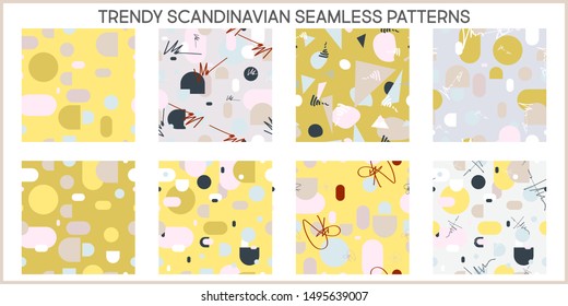 Set Trendy seamless Scandinavian color palette modern background with triangles and lines