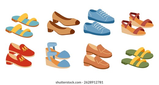 Set of trendy shoes. Women summer shoes. Shoe store elements.