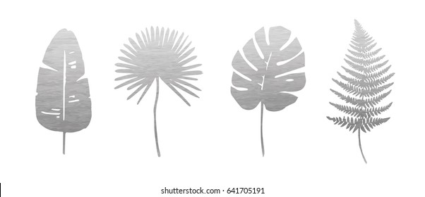 Set of Trendy Silver Tropical Leaves. Vector. Silhouette