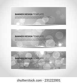 Set of trendy silver vector banners template or website headers with abstract bokeh background with snowflakes. Christmas party invitation cards. Vector design illustration EPS10