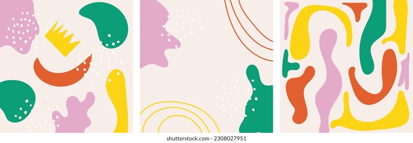 Set of trendy social media posts template with hand drawn organic shapes, lines and textures. Contemporary aesthetic backgrounds. Modern minimal covers collection. Colorful vector collages.
