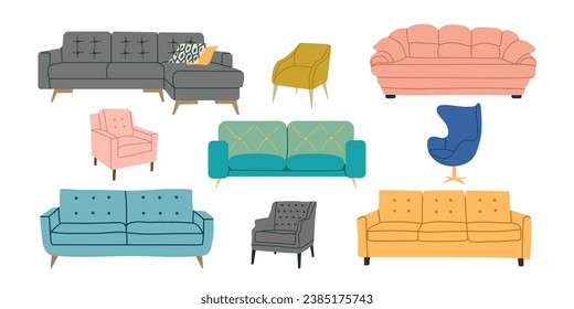 Set of trendy sofas,  armchairs  with cushions. Modern soft furniture collection. Colored flat vector illustration isolated on white background. All elements isolated.