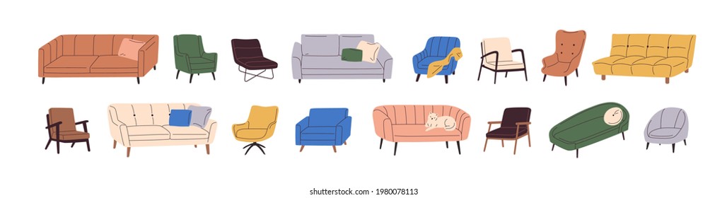 Set of trendy sofas, chairs, armchairs, ottomans, and couches with cushions in retro mid-century style. Modern soft furniture collection. Colored flat vector illustration isolated on white background
