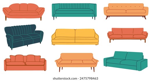 Set of trendy sofas, chairs, armchairs, couches with cushions in retro Mid Century Modern style. Scandinavian living room furniture collection. Flat vector illustration on transparent background.