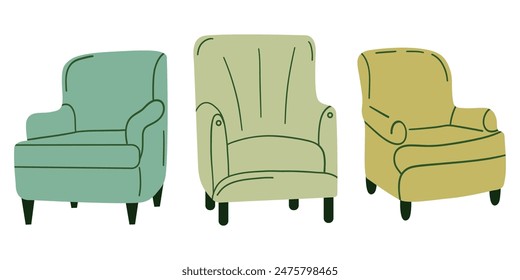 Set of trendy sofas, chairs, armchairs, couches with cushions in retro Mid Century Modern style. Scandinavian living room furniture collection. Flat vector illustration on transparent background.