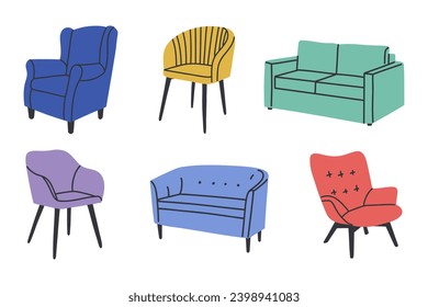 Conjunto de sofás y sillas de moda.Colección de muebles modernos de mediados de siglo.Coloridos sillones tapizados para la decoración de las habitaciones.