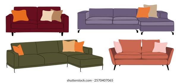 Set of trendy sofas, couches with cushions in retro Mid Century Modern style. Scandinavian living room furniture collection. Flat vector illustration isolated on white background.