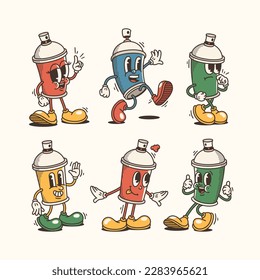 Set of Trendy spray paint cans Characters, Vintage character vector art collection