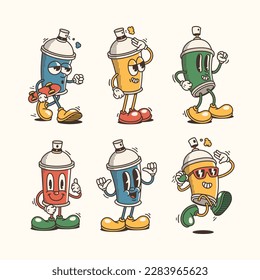 Set of Trendy spray paint cans Characters, Vintage character vector art collection