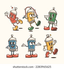 Set of Trendy spray paint cans Characters, Vintage character vector art collection