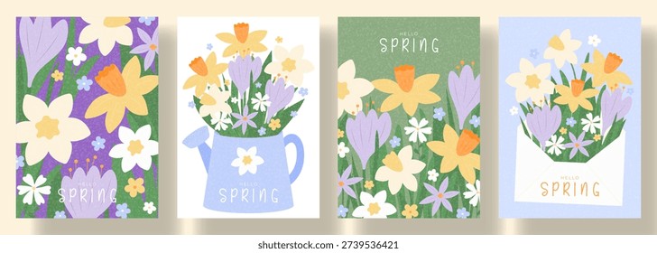 Set of trendy spring cards. Beautiful spring posters with spring hand-drawn wildflowers: crocuses, daisies, narcissus. Vector flyers for design of celebration, ads, branding, cover, card, sale.