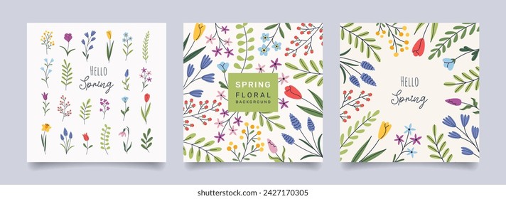 Set of trendy spring floral backgrounds. Minimalist design with flowers, leaves and branches. Vector template for greeting card, banner, poster, invitation, social media post.