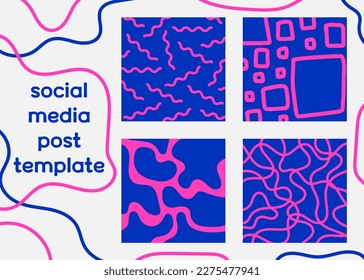 Set trendy square banner template in bright blue, pink color. Backdrop for social media post, mobile app, banner design, web ad. Abstract minimalist background with curve, lines, wave, memphis element