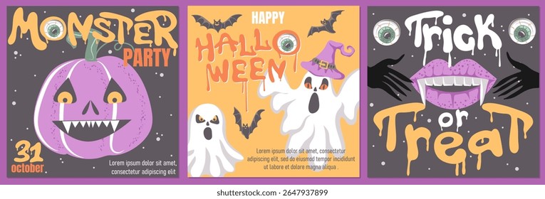 Set of trendy square templates for Happy Halloween with ghosts, bats and scary pumpkin. Great for invitation, greeting cards, flyers, banners and posters. Vector illustration