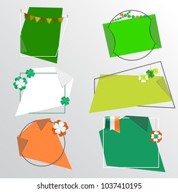 Set of trendy St Patrick's Day Ñ�olorful vector banners with  shamrock garlands, hanging clovers and irish flag. Paper stickers with curved corners on different geometric shapes.  Promotion banner