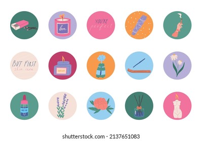 Set of trendy stationery stickers with bright candles, flowers and girly elements - flat vector illustration on white. Collection of self care prints for diaries and calendars.
