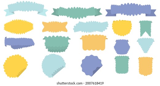 Set von trendigen Aufklebern in einem flachen Cartoon-Stil in verschiedenen Farben. Cute und delikate Aufkleber für die Website in Pastellfarben einzeln auf weißem Hintergrund.