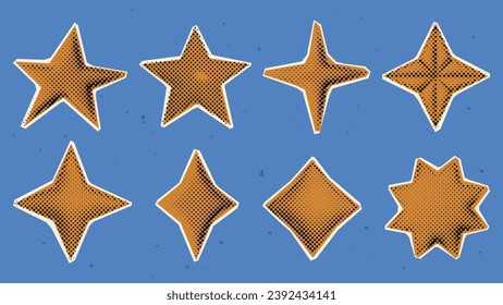 Set of trendy stickers in a halftone style for collages, including different golden yellow stars.