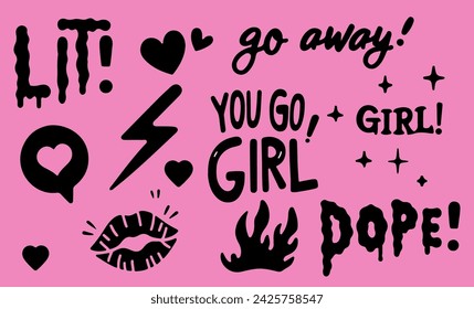 Set von trendigen Aufklebern mit handgeschriebenen kurzen Sätzen "You go girl" und andere. 