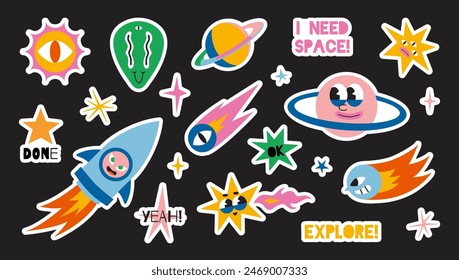 Set of trendy stickers for planner with white outline and cutting line, vector flat illustration. Space elements like rocket, planet, comet, star, sun and alien. Cute cartoon sticker pack