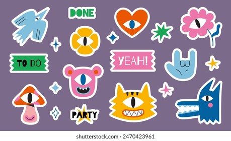 Set of trendy stickers for planner with white outline, cutting line, vector flat illustration. Funny cartoon characters such as heart, flower, bird, tiger, mushroom and wolf. Cute retro sticker pack