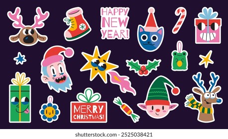 Set of trendy stickers for planner with white outline. Christmas attributes, vintage groovy characters, Santa Claus, elf, reindeer and decorative elements. Trendy modern vector illustration, flat