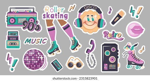 Set of trendy stickers in retro style of 90s, 80s, 70s. Hand drawn music label template, cartoon character sun, roller skating. Vector illustration for nostalgia party, advertising, poster