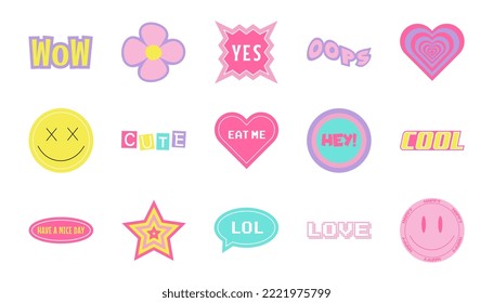 set of trendy stickers, y2k collection, cute patches, vector design, 90s and 2000s style