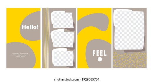 Set of trendy style posters. Yellow grey phone digital decor wallpaper, widget design, aesthetic lock screen. Simple modern abstract backgrounds vector illustration for stories template
