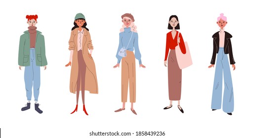 Set of trendy stylish girls dressed in casual clothes. Collection of trendy outfit with accessories in a flat doodle. Diverse young beautiful women stand in colorful colors. Vector stock illustration
