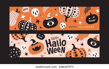 Set of trendy and stylish Halloween banners with decorative pumpkins