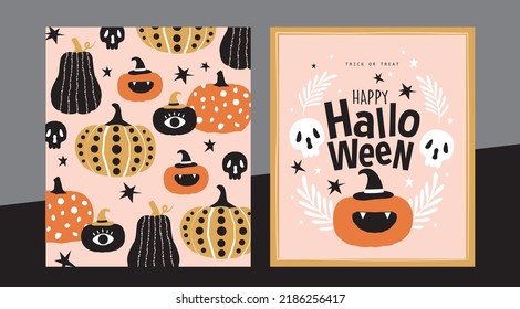 Set of trendy and stylish Halloween card design with decorative pumpkins	