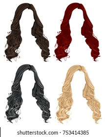 Set Of Trendy Stylish Long Curly Woman Hair In Brunette, Black,blond And Red Colors. Realistic Vector Collection Of Cartoon Hairstyles On A White Background.