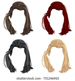 Set of trendy stylish long man or woman hair in brown, black, red and  blond color. Realistic vector illustration with isolated cartoon hairstyles on a white background