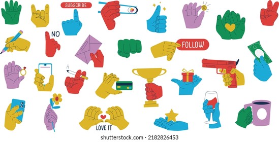 Set of trendy stylized hand gesture illustrations. Hands holding phone, pencil, cup, sushi and call to action. Colorful vector collection on white background
