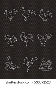 Set of trendy stylized origami birds the symbol of a year in a outline on dark background with geometric ornate