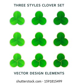 Set of trendy stylized shamrocks. Modern style trefoil design. Clover - symbol of luck. Vector