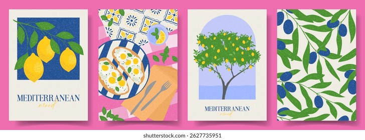 Set of trendy summer cards. Vector illustration with bright posters with olive branches, lemons, Mediterranean breakfast. Concept flyers for party, holiday, event, card, invitation, banner.