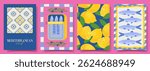 Set of trendy summer covers. Vector illustration with bright posters with sardines, lemons, Italian Mediterranean tiles. Concept flyers for party, holiday, event, card, invitation, banner.