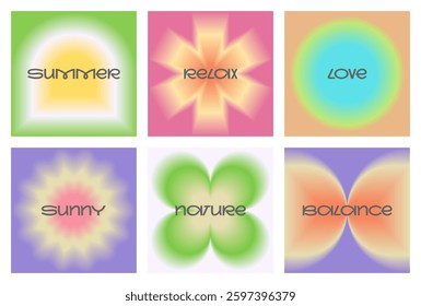 Set of Trendy Summer Gradient Backgrounds. Geometric Abstract Pastel Pattern. Blurred light effect. Modern Colorful Layout Design with simple shapes. Vector illustration for social media