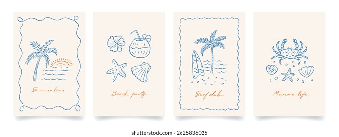 Set of trendy summer poster in sketch style. Vintage prints with hand drawn palm tree, sun, sea, crab, wave, seashells. Vacation and beach concept. Trendy design for cards, wall art, branding.	
