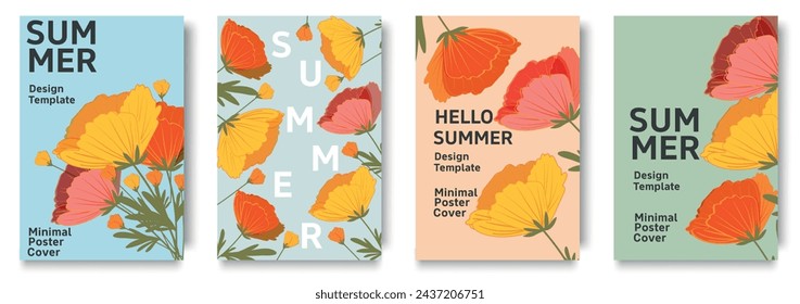 Set of trendy summer posters with flowers. Summer set of the cutest cards or posters for the summer holiday with wildflowers. Hand drawn Floral art templates. summer season or natural concept