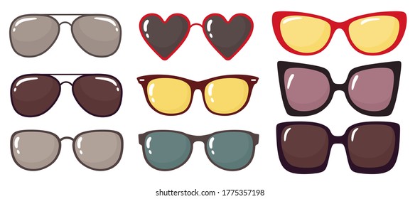 Set of trendy sunglasses. Vector isolates on a white background in cartoon flat style.