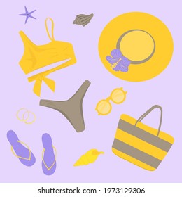 set trendy swimsuit with yellow top and gray swimming trunks, yellow beach hat with lilac hibiscus flower, lilac slates, yellow sunglasses, earrings, striped beach bag, lilac starfish and yellow shell