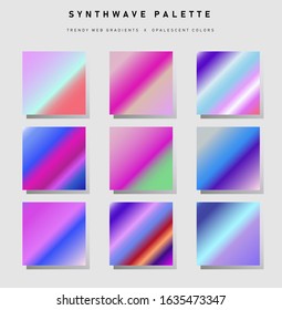 Set of trendy synthwave gradient swatches. Holographic gradient collection for web design and art.