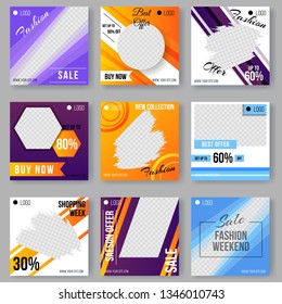 Set Trendy Templates with Geometric Shapes and Colorful Gradient Background for Posters, Presentations, Layouts. Modern Hipster and Memphis Colors. Fashion Promo. Vector Illustration. Square Banner