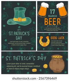 Set of trendy templates for Happy St Patrick's day with clovers, leprechaun hat, beer mugs. Great for invitation, greeting cards, flyers, banners and posters. Vector illustration