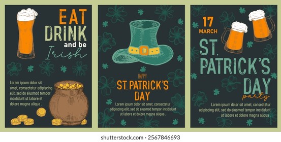 Set of trendy templates for Happy St Patrick's day with clovers, leprechaun hat, beer mugs. Great for invitation, greeting cards, flyers, banners and posters. Vector illustration	